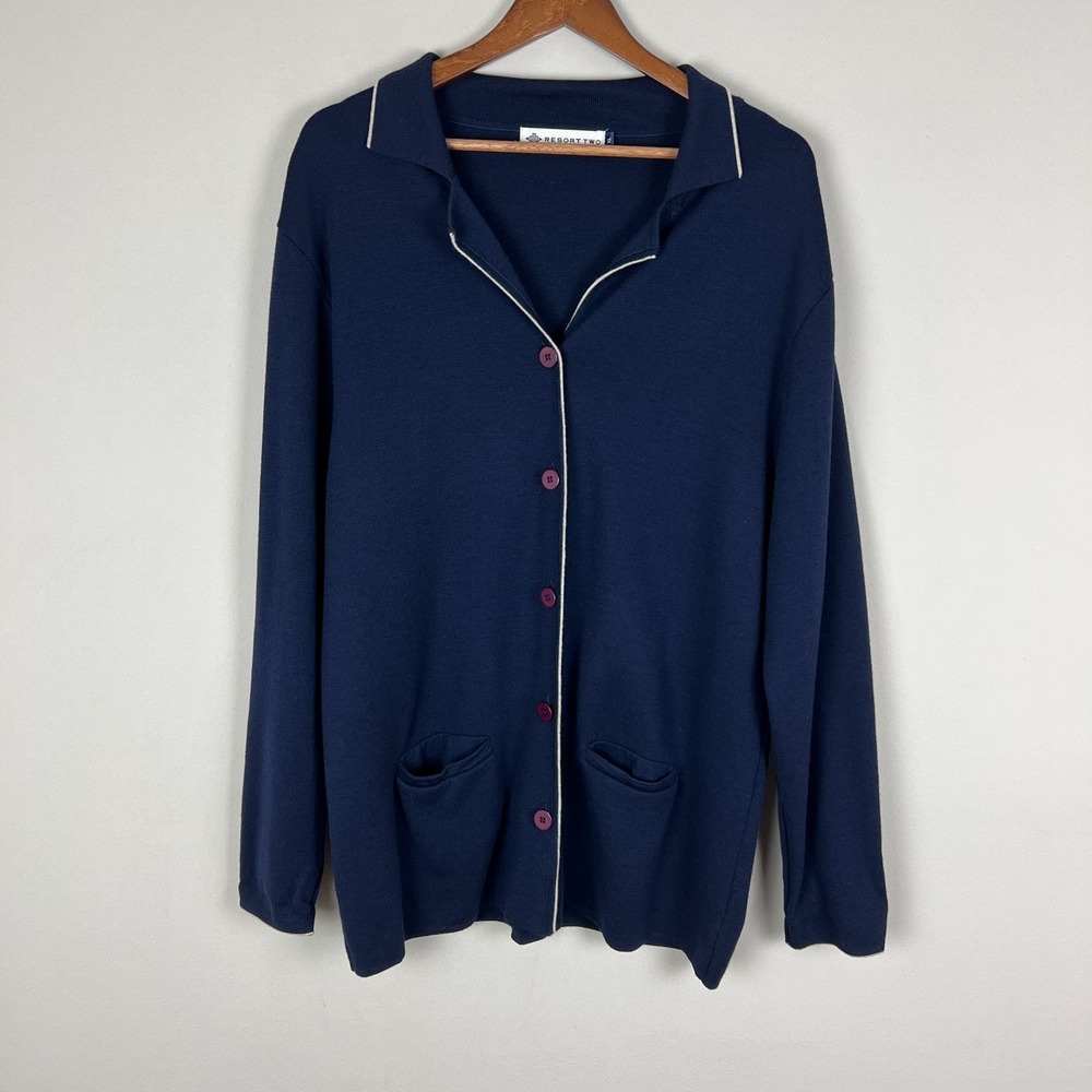 Preppy Grandpa Cardigan Sweater Mens XL Navy Blue Merino Wool V-Neck Button Up